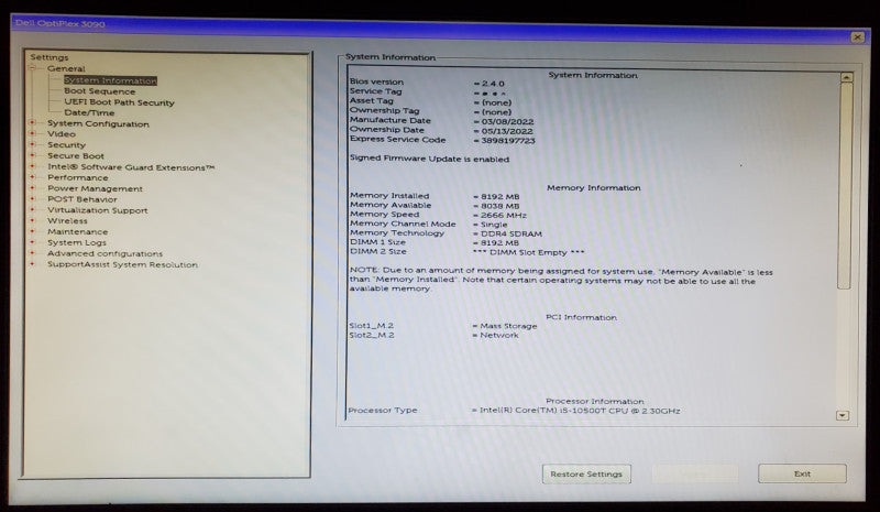 DELL OptiPlex 3090 Micro USSF Intel Core i5-10500T 8GB RAM 256GB NVMe