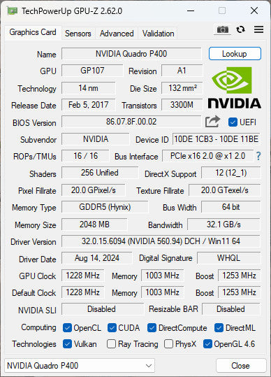 NVIDIA QUADRO P400 2GB PCIe %