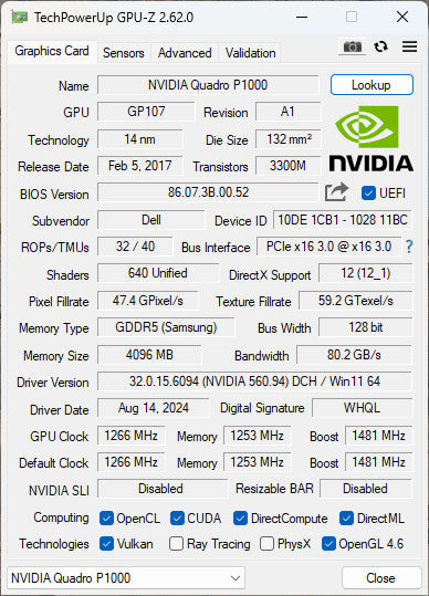NVIDIA QUADRO P1000 4GB PCIe %