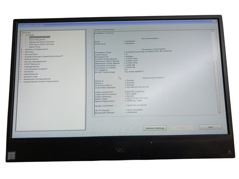 Dell Optiplex 5270 AIO 21.5" Intel i5-9500 3.0GHz 8GB RAM