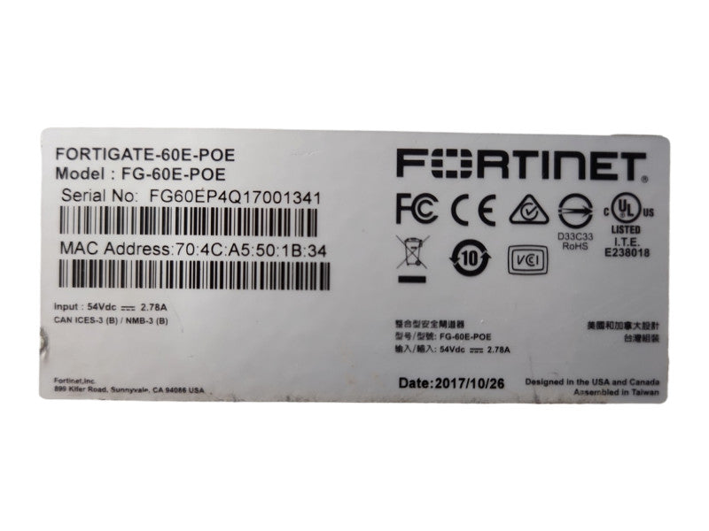 Fortinet FortiGate FG-60E-POE, Network Security-Firewall Appliance, READ