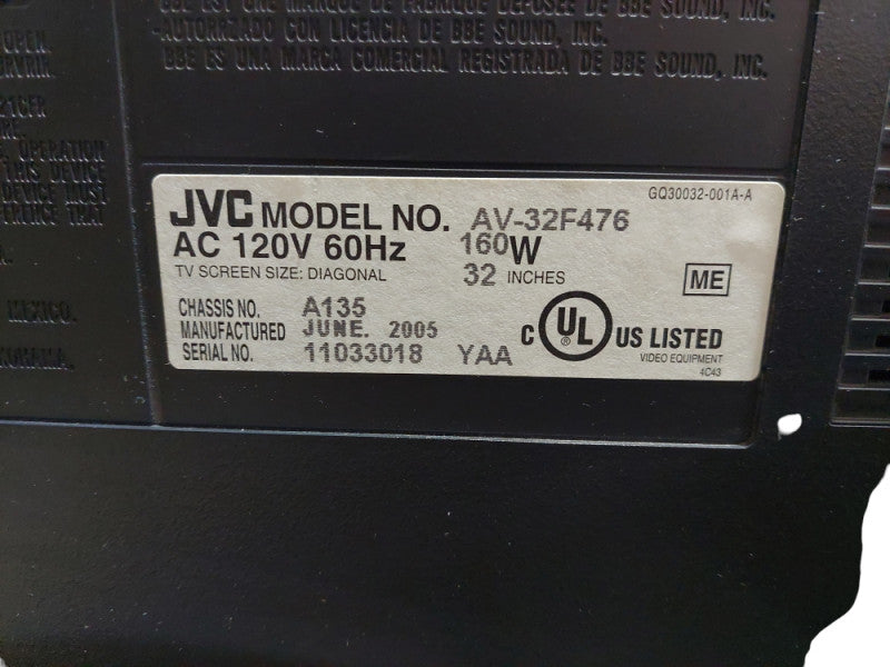 Vintage 2005 JVC i-ART 32" CRT Flat Screen Television Model: AV-32F476 =