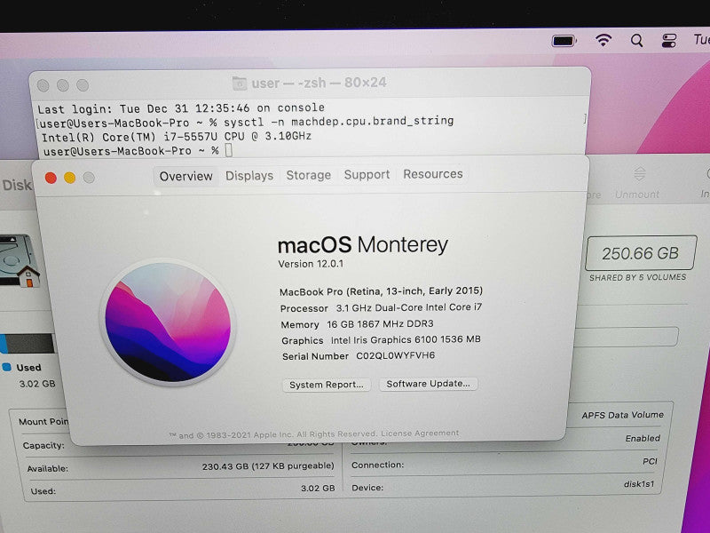 Apple Macbook Pro Retina 2015 13" 2-Core i7-5557U @ 3.1GHz 16GB DDR3 250GB  β Lap200