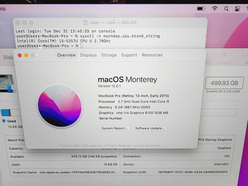 Apple Macbook Pro Retina 2015 13" 2-Core i5-5257 @ 2.7GHz 8GB DDR3 500GB SS β Lap200