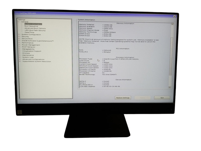 Dell Optiplex 7470 AiO, Intel i7-9700 CPU 3.00GHz 16GB RAM - NO HDD