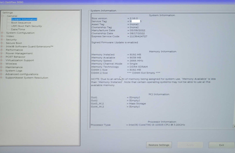 DELL OptiPlex 3090 SFF Core i5-10500 3.20GHz, 8GB, 256GB nvme _