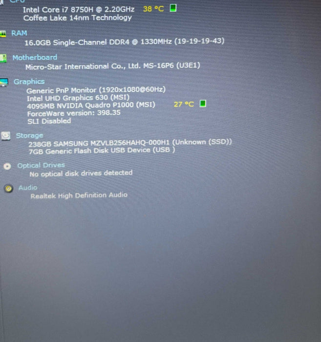 MSI WE63 8SI Workstation i7-8750H@2.2G QUADRO P1000 4GB GPU 16GB RAM 256SSD  Lap200