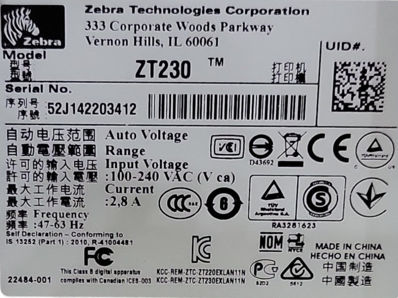 Zebra ZT230 Thermal Label Printer 203dpi USB/Serial /Ethernet, READ _