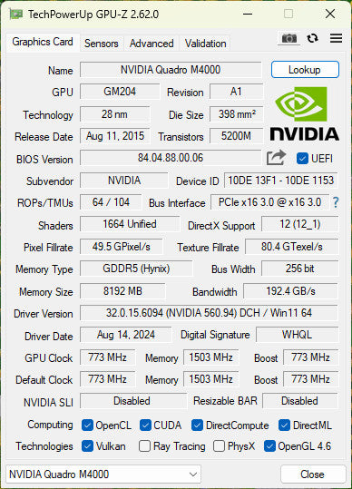 NVIDIA Quadro M4000 8GB GDDR5 Graphics Card - 4xDP