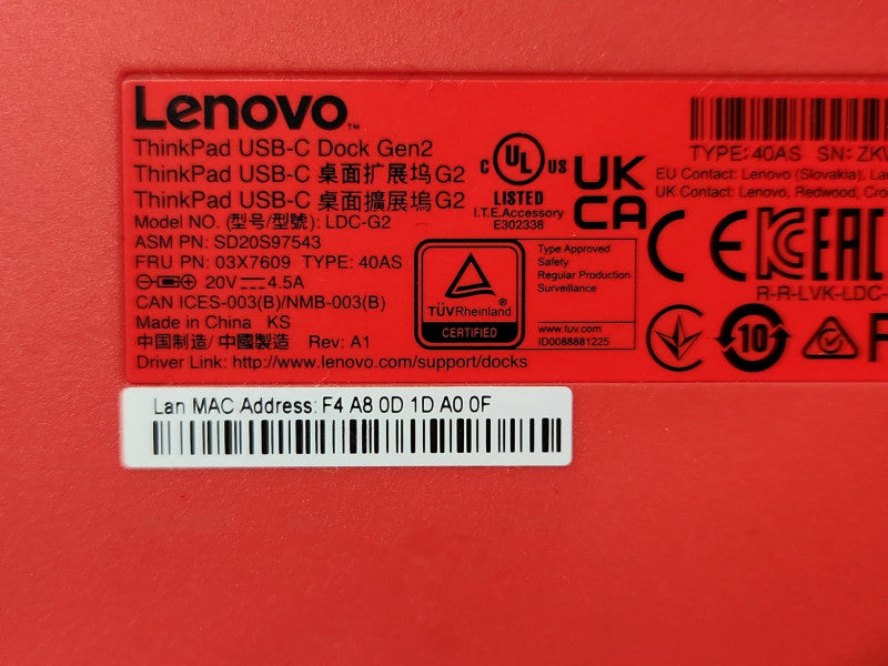 Lenovo ThinkPad USB-C Dock Gen 2 LDC-G2 w/ 90W Power Adapter