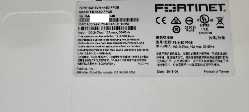 Fortinet Fortiswitch FS-448D-FPOE 48Port Gigabit Managed PoE Switch 2x PSU _