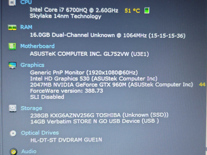 ASUS ROG GL752V i7-6700HQ 16GB DDR4 GTX 960M 240GB SSD READ  β BudLap