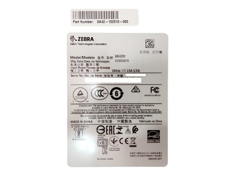 Zebra GK420t Thermal Label Printer, GK42-102510-000