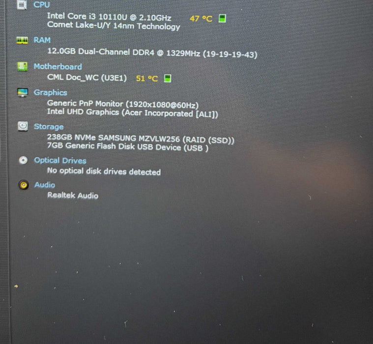 Acer Aspire 515-54 FHD Core i3-10110U@2.1GHz 12GB RAM 256GB SSD READ  Lap200