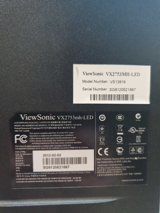 ViewSonic 27" Monitor VX2753MH-LED 1920x1080 HDMI & VGA