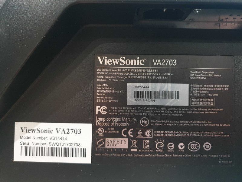 ViewSonic 27" Monitor 1920x1080 60hz VA2703 VS14414 VGA & DVI