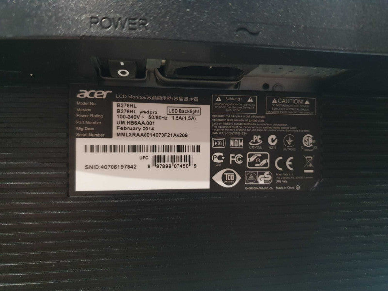 ACER B276HL 27" LCD Monitor 1920x1080 DisplayPort, VGA, DVI