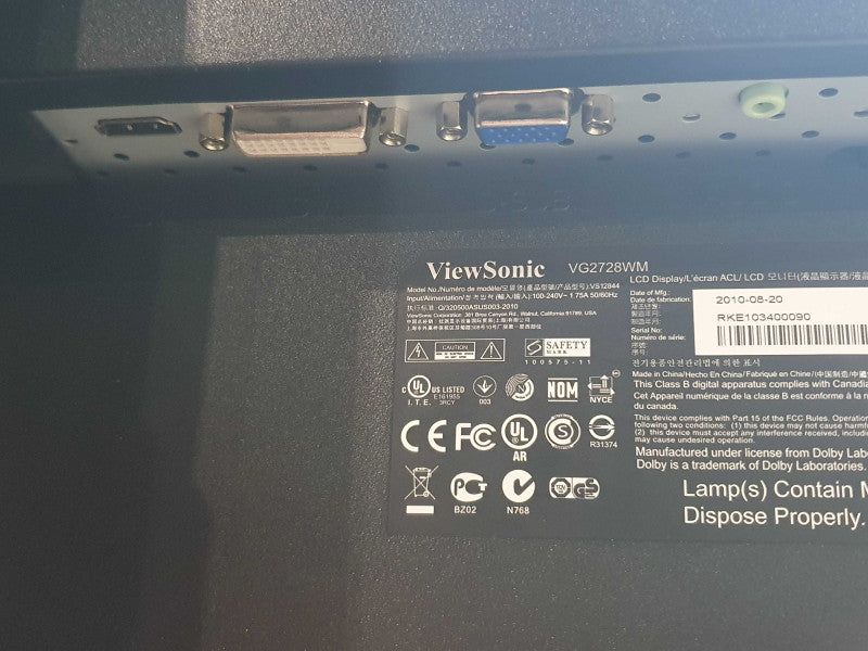 ViewSonic 27" Monitor VG2728WM 1920x1080 HDMI, DVI, VGA READ