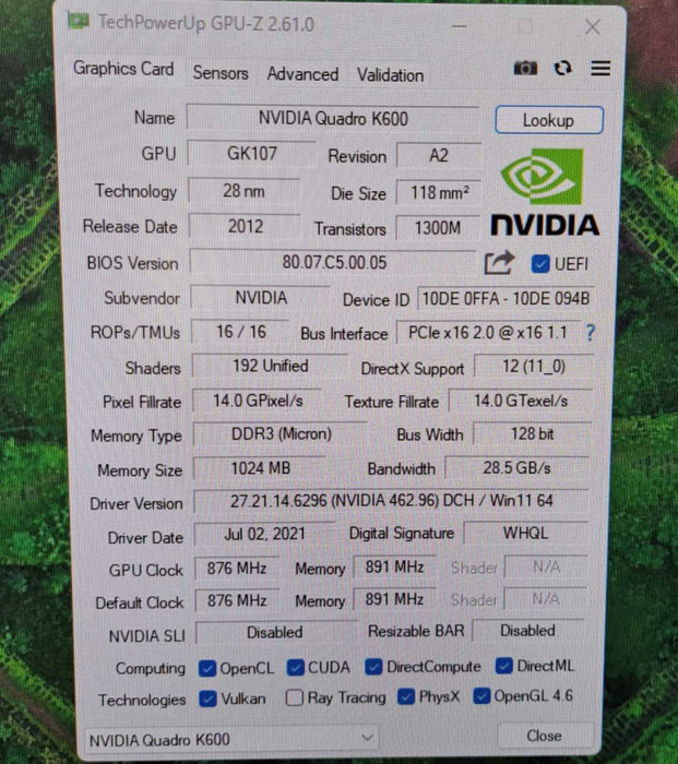 NVIDIA Quadro K600 1GB DDR3 Graphics Card | Full Height Bracket Q