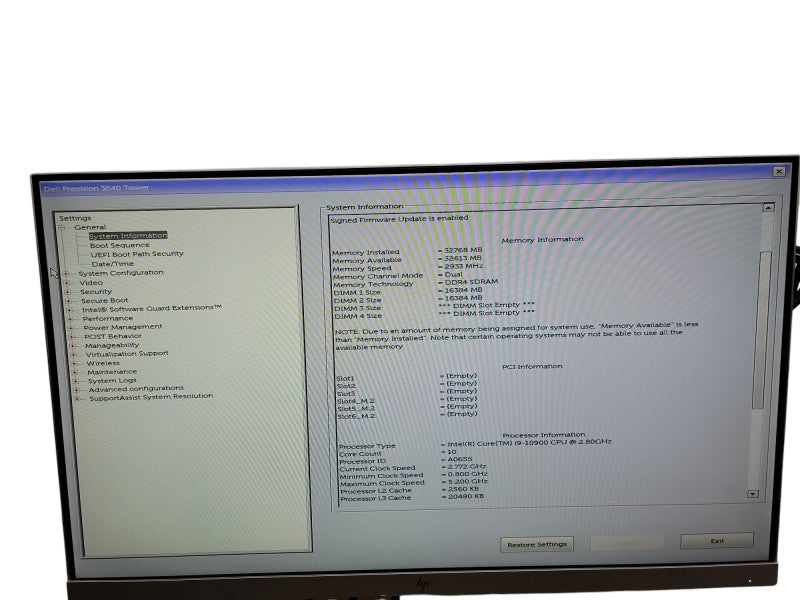 Dell Precision 3640 Tower i9 -10900 @ 2.80GHz 32GB DDR4 Ram θ