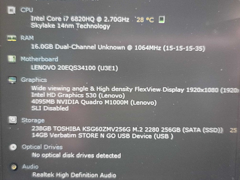 Lenovo ThinkPad P50 i7-6820hq 16GB DDR4 Quadro M1000 256GB SSD READ  β BudLap