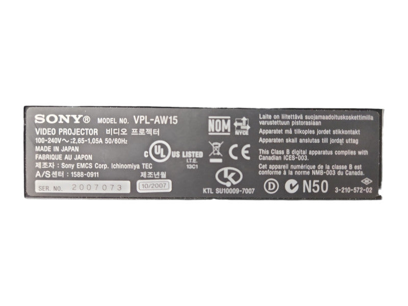 SONY VPL-AW15 BRAVIA Home Theater HD Projector, Lamp Hour: 2307Hrs