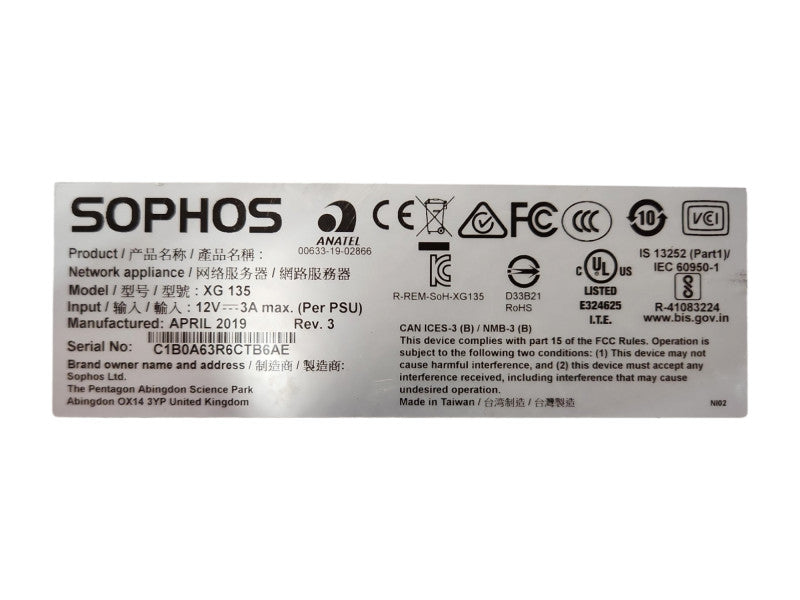 Sophos XG 135 REV Rev.3, Network Security Firewall Appliance, Factory Reset