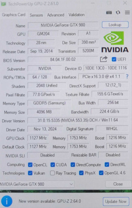 NVIDIA GEFORCE GTX 980 4 GB GDDR5 Graphics Card _