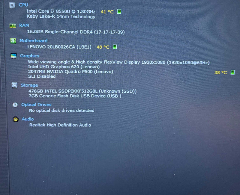 Lenovo ThinkPad P52s i7-8550U QUADRO P500 2GB GPU 16GB 256SSD French READ!  Lap200