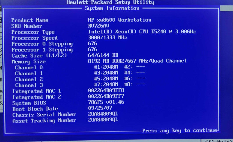 HP xw8600 Workstation 2x Xeon E5240 3.00GHz 8GB RAM 2x 1TB HDD FX3800 800W PSU _