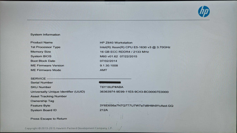 HP Z640 Workstation, Xeon E5-1630 v3 3.70GHz, 16GB RAM, No HDD, M2000 Q