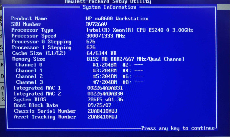 HP xw8600 WS 2x Xeon E5240 3.00GHz 8GB RAM 2x 1TB HDD Quadro 4000, 800W PSU _