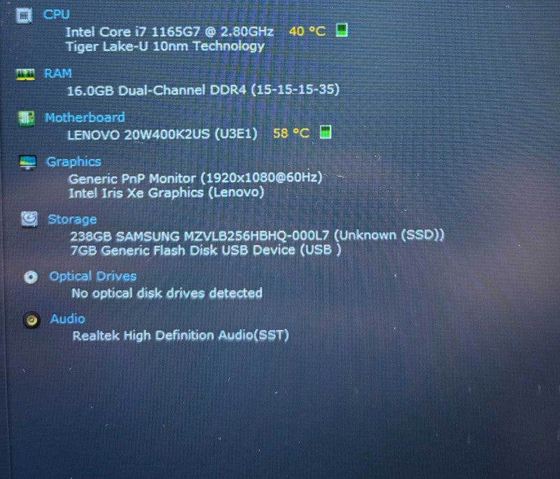Lenovo ThinkPad T15 Core i7-1165G7@2.8GHz 16GB RAM 256GB SSD READ  Lap200