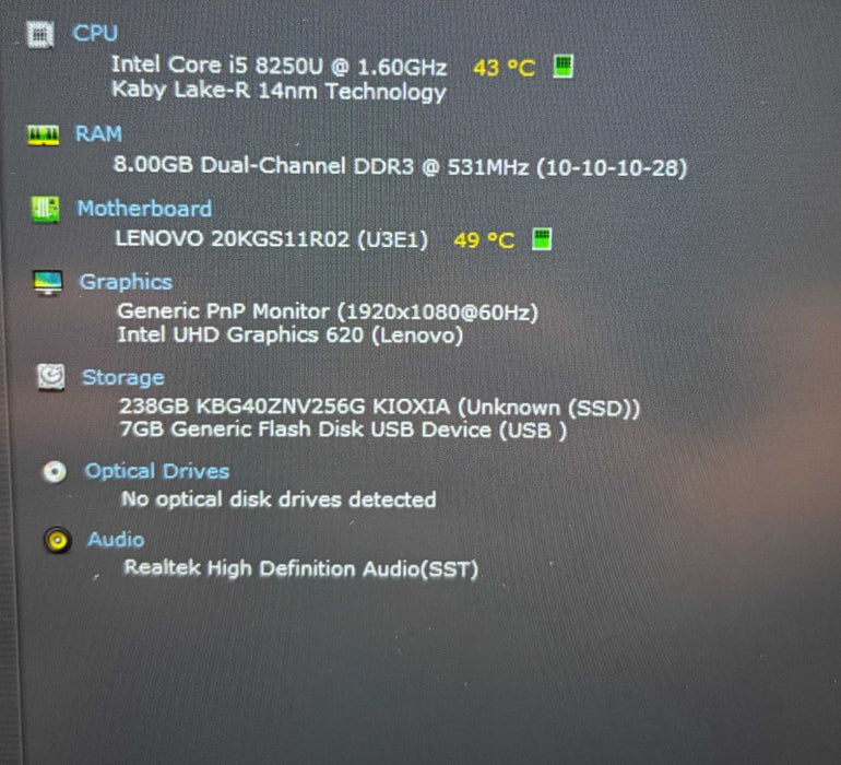 Lenovo ThinkPad X1 Carbon Core i5-8250U@1.6GHz 8GB RAM 256GB SSD READ  Lap200