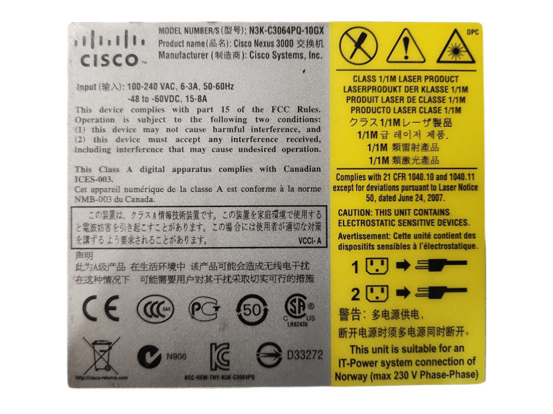 Cisco N3K-C3064PQ-10GX Nexus 3064 48x SFP+ Switch w/ 2x PSU