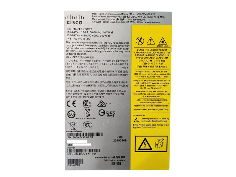 Cisco N9K-C9348GC-FXP 48x1G Base-T 4x10/25G SFP28 2x 40/100G Switch, 2x PSU