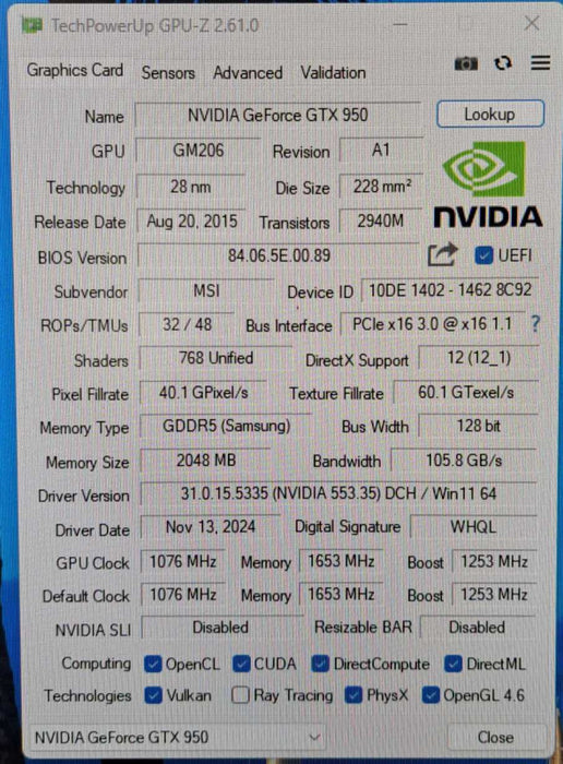 MSI GeForce GTX 950 2GB GDDR5 PCIe Graphics Card | DP, HDMI, DVI