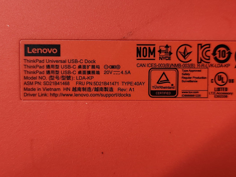 Lenovo ThinkPad Universal USB-C Laptop Dock 40AY LDA-KP W/ 90W Adapter