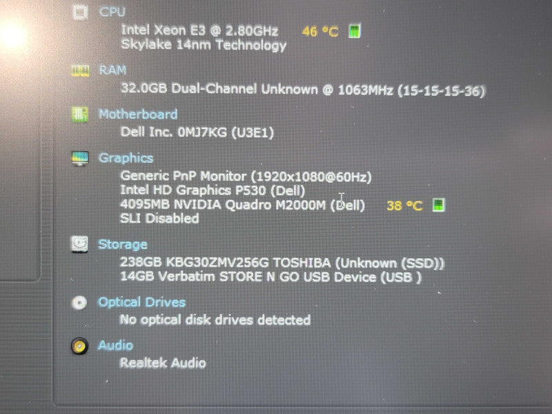 Dell Precision 7510 Xeon E3-15055 v5 32GB DDR4 Quadro M2000 256GB SSD  β Lap200