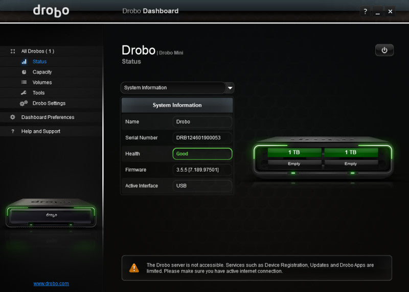 Drobo Mini, DR-Mini-A, 2x 1TB HDDS, No accelerator card