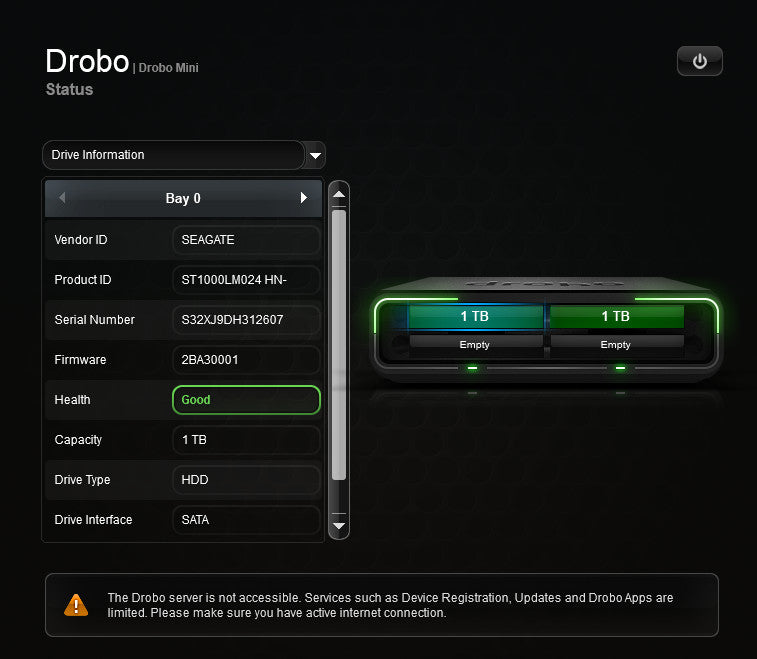 Drobo Mini, DR-Mini-A, 2x 1TB HDDS, No accelerator card