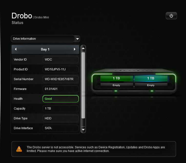 Drobo Mini, DR-Mini-A, 2x 1TB HDDS, No accelerator card