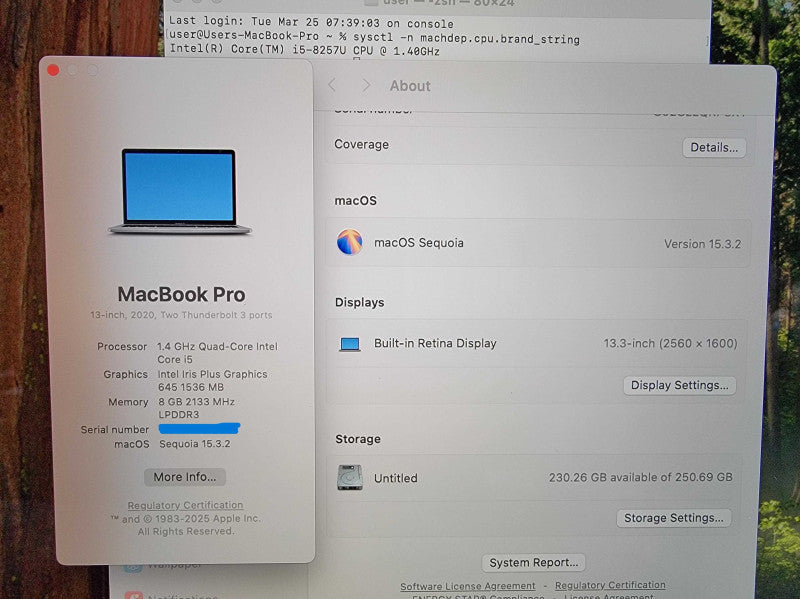 Apple MacBook Pro A2289 13" 2020 | i5-8257U @1.4GHz 8GB RAM 256GB SSD -READ