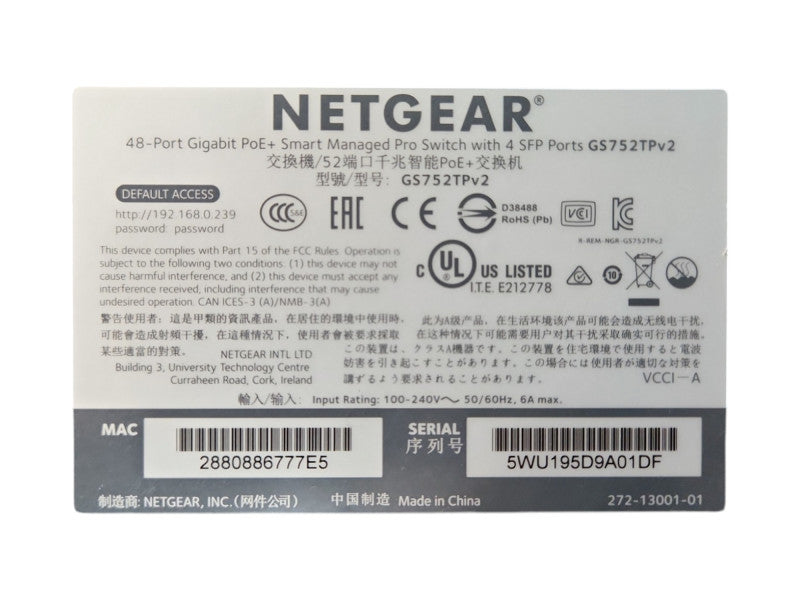 Netgear ProSafe GS752TPv2 48-Port Gigabit Ethernet PoE+ 4x SFP Port Network Switch