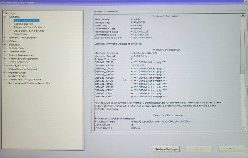 Dell Precision 7820, Xeon Silver 4110 2.10GHz 8C, 32GB DDR4, K2200  GPU _