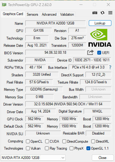 Nvidia RTX A2000 12GB GDDR6 Graphics Card, 4x Mini DP