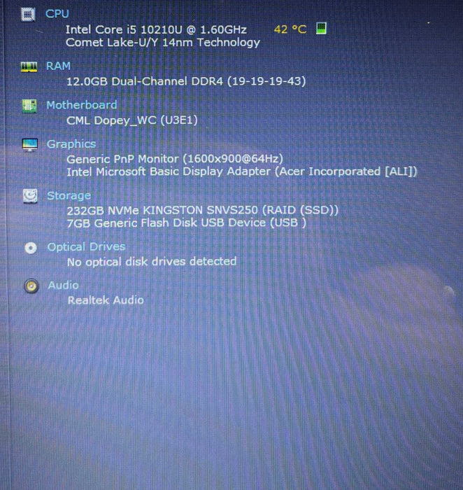 Acer Aspire A317-51 (17" Screen) Core i5-10210U@1.6GHz 12GB RAM 240GB SSD   Lap200
