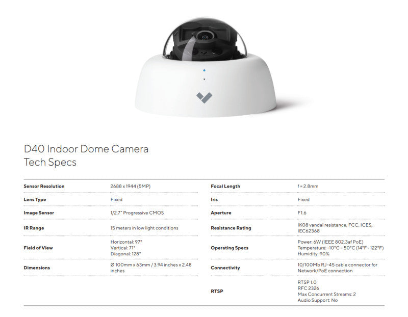 VERKADA D40-60DAY-HW  Indoor Mini Dome Security Network IP Camera