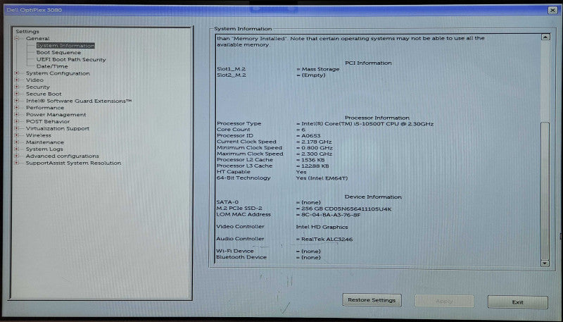 DELL OptiPlex 3080 USFF, i5-10500T 2.30GHz, 16GB RAM, 256GB NVMe w/ PWR