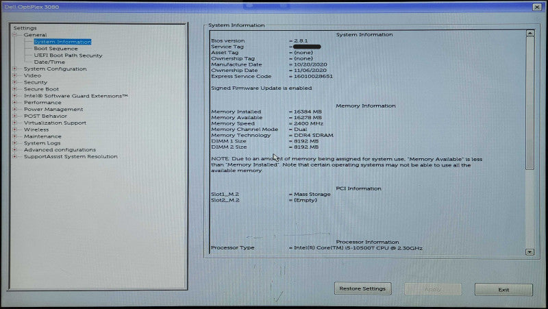 DELL OptiPlex 3080 USFF, i5-10500T 2.30GHz, 16GB RAM, 256GB NVMe w/ PWR